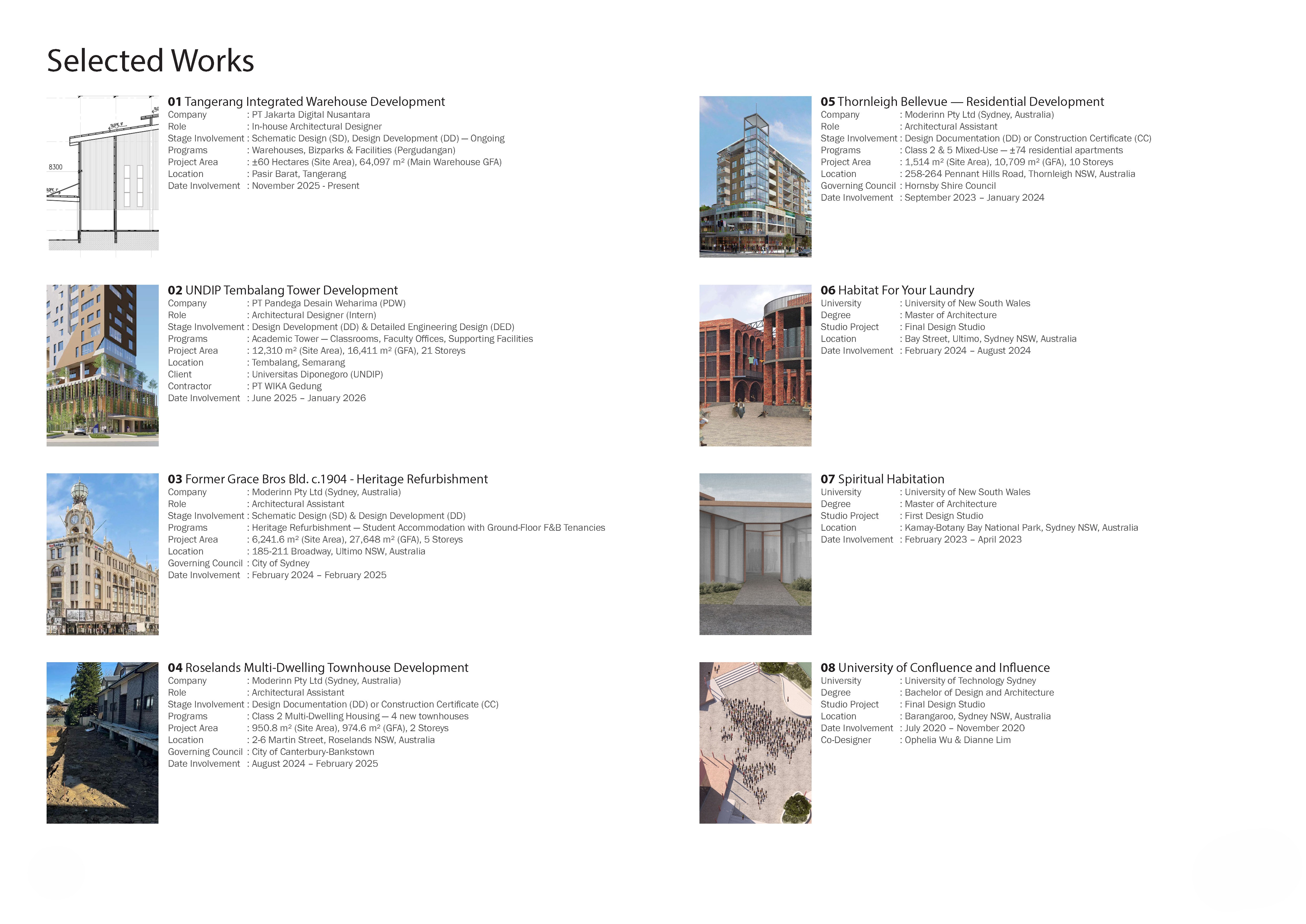Selected Works index — 8 projects with thumbnails and specifications