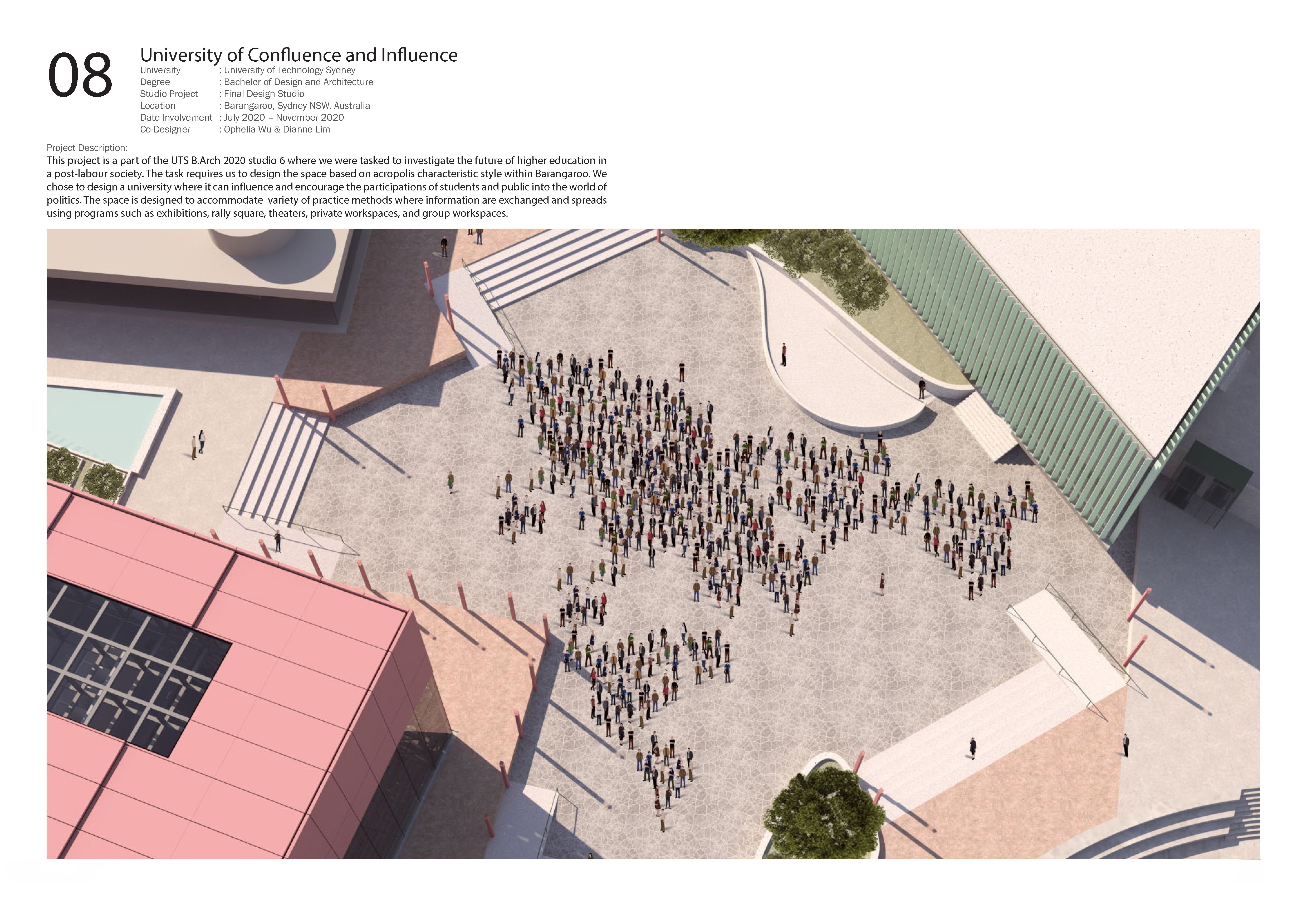 Project 08 portfolio spread — plaza render