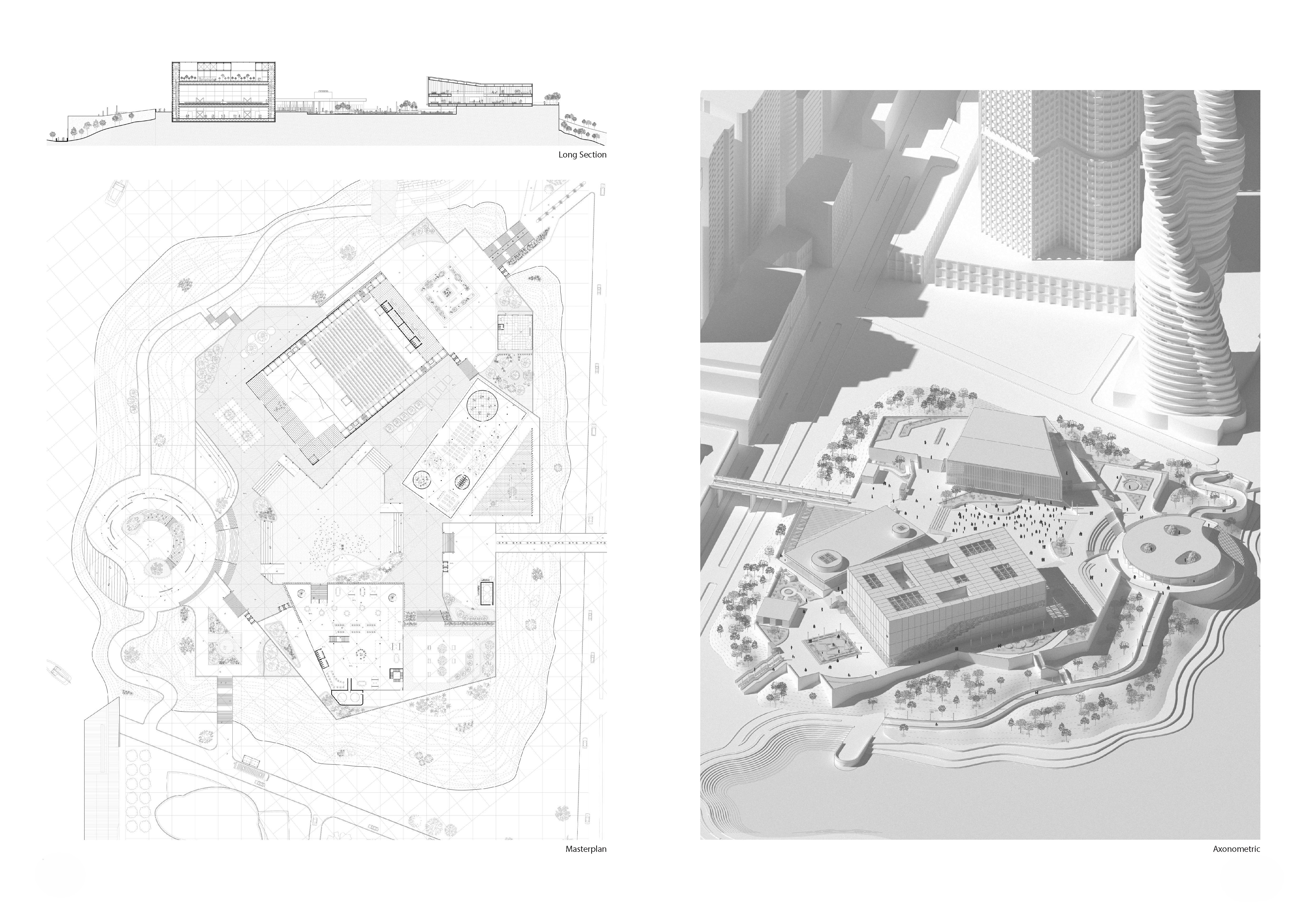 Project 08 portfolio spread — masterplan and axonometric